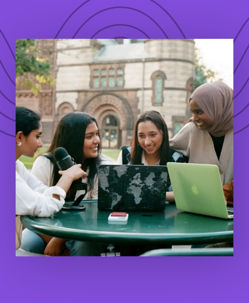 Photo of a person recording a podcast