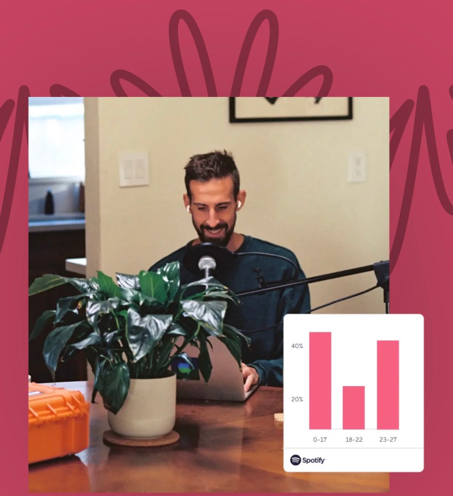 A picture of a person recording podcast on her laptop with headphones on